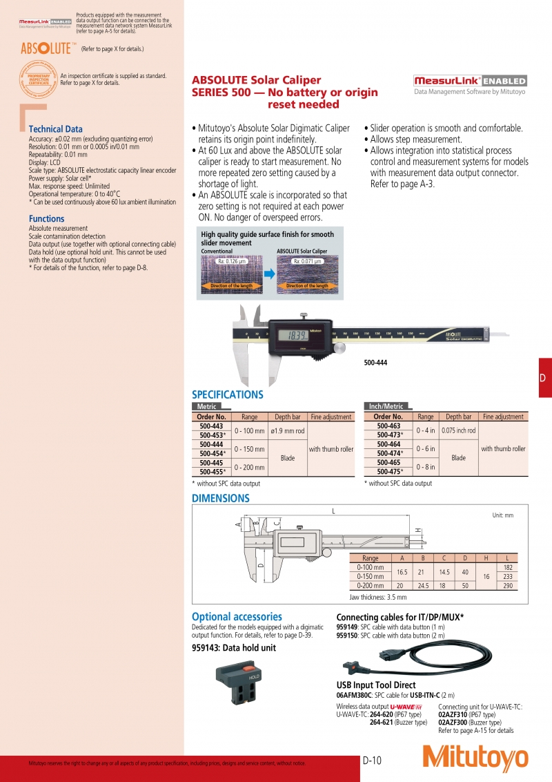datasheetThước cặp điện tử quang năng (0-200mm/8” x0.01mm) Mitutoyo 500-475