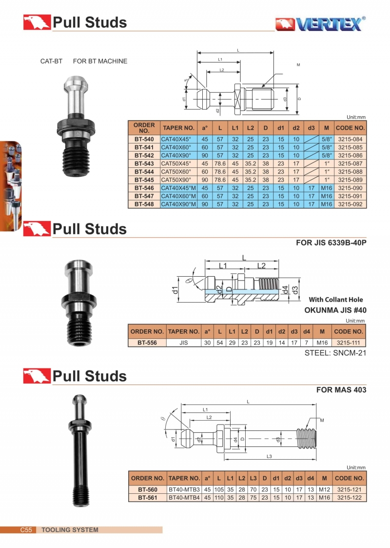 Đuôi rút cho bầu kẹp CAT-BT, tiêu chuẩn JIS Vertex