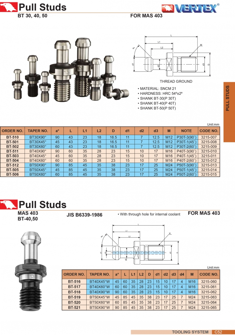 Vít rút cho bầu kẹp BT30, BT40, BT50 Vertex