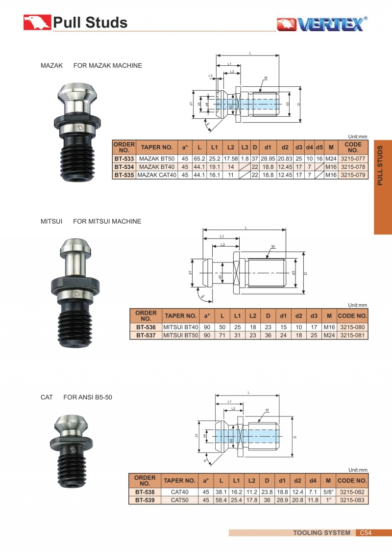 Đuôi rút bầu kẹp cho máy phay Mazak, Mitsui Vertex