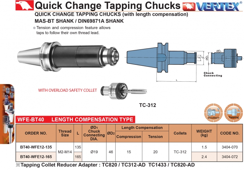 Bầu kẹp taro kiểu collet thay nhanh thân dài BT40 Vertex
