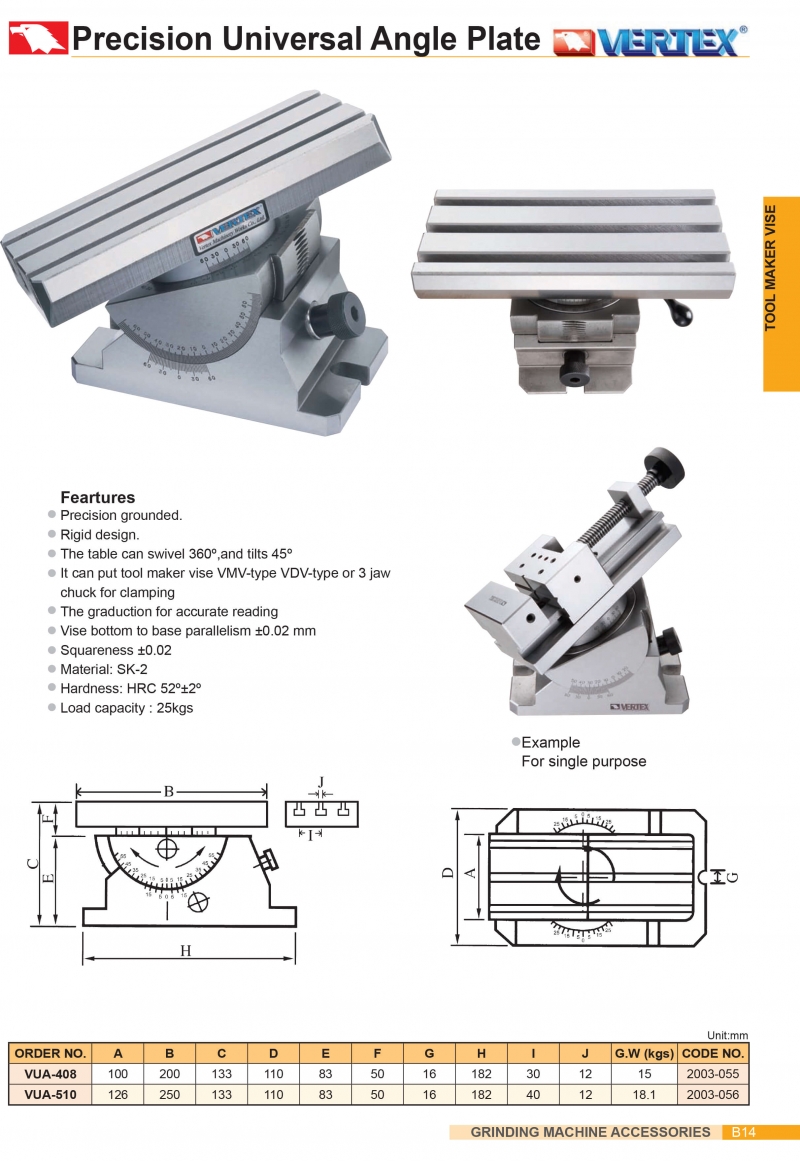 Bàn nghiêng máy mài vạn năng VUA-408; VUA-510 Vertex