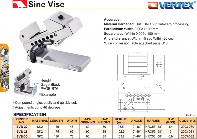 Ê tô nghiêng mái mài SVB-20; SVB-25; SVB-30 Vertex