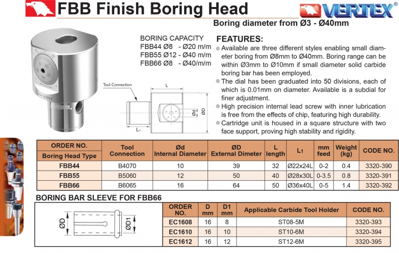 Đài dao doa tinh FBB44, FBB55, FBB66 (Ø8-Ø40mm) Vertex