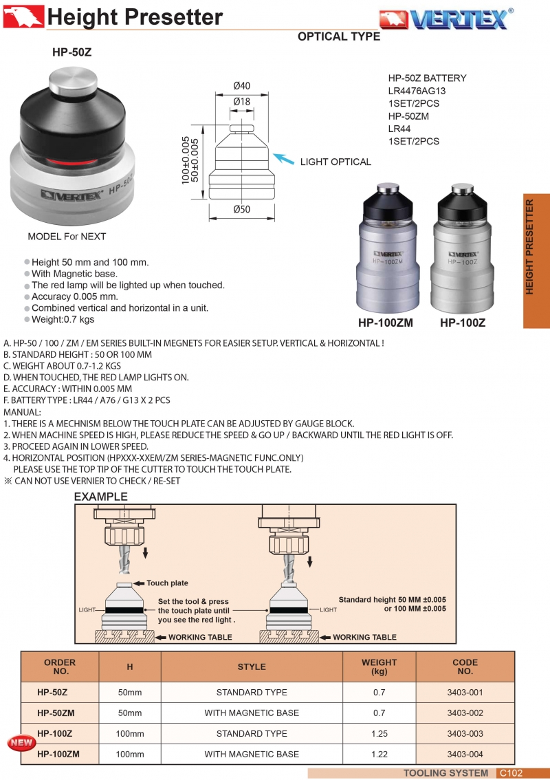 Thiết bị thiết lập chiều cao trục Z loại đèn báo HP Vertex