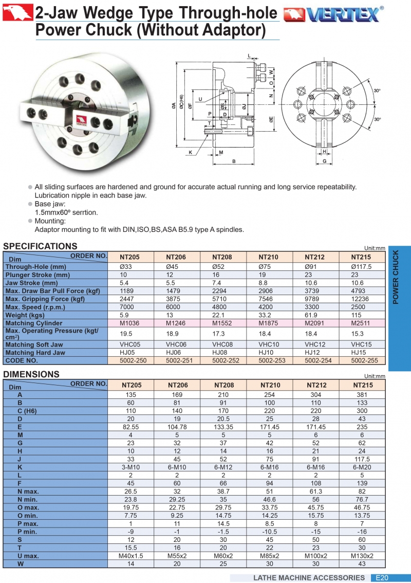 Mâm cặp thủy lực 2 chấu lỗ thông suốt Vertex