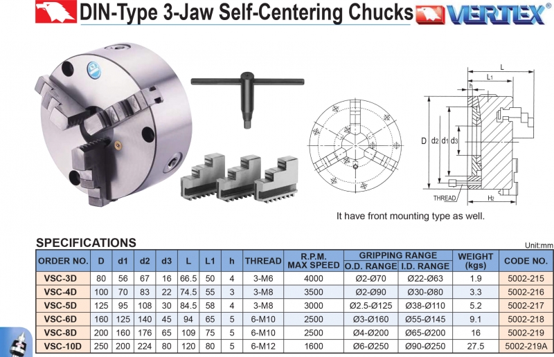 Mâm cặp 3 chấu tự định tâm VSC loại D Vertex