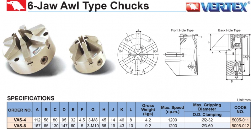 Mâm cặp 6 chấu tự định tâm VAS-4; VAS-6 Vertex