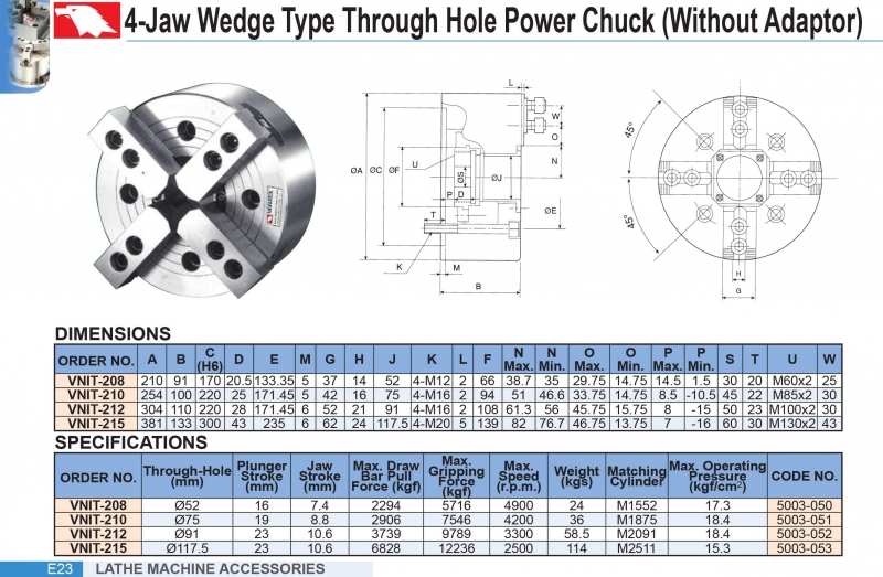 Mâm cặp thủy lực 4 chấu lỗ thông VNIT Vertex