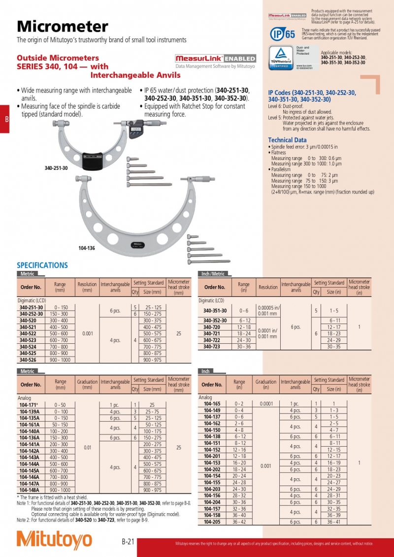 datasheetPanme điện tử đo ngoài thay đầu đo (450-600mm (18-24”)) Mitutoyo 340-721
