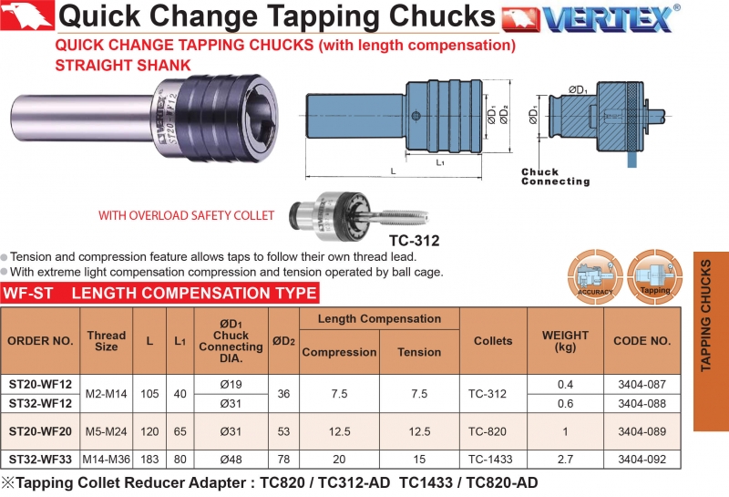 Bầu kẹp taro kiểu collet thay nhanh chuôi trụ ST20, ST32 Vertex