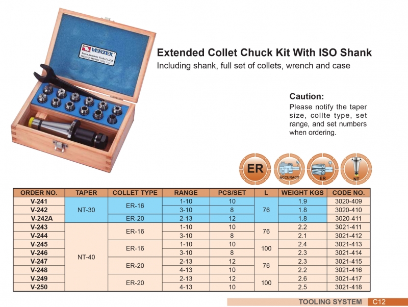 Bộ bầu kẹp dao phay loại dài chuôi NT30, NT40 collet ER Vertex