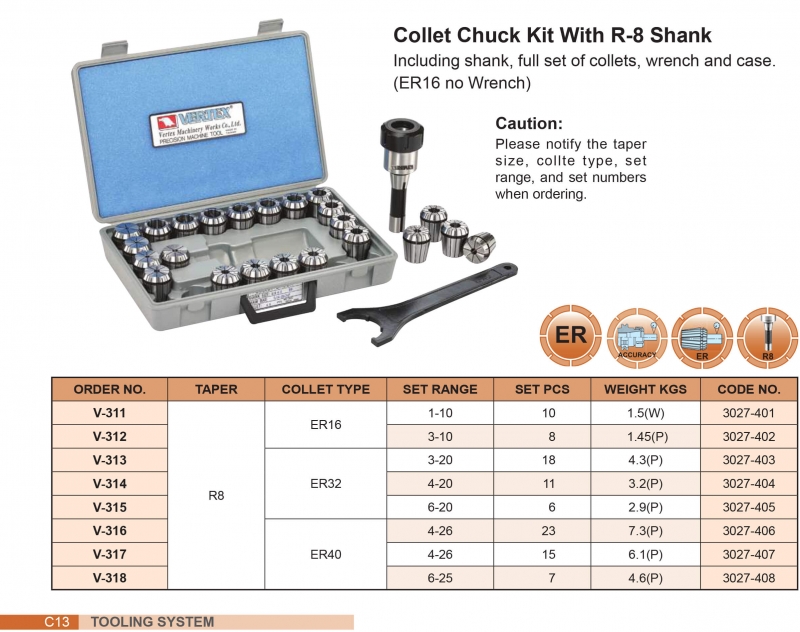 Bộ bầu kẹp dao phay chuôi côn R8 collet ER Vertex