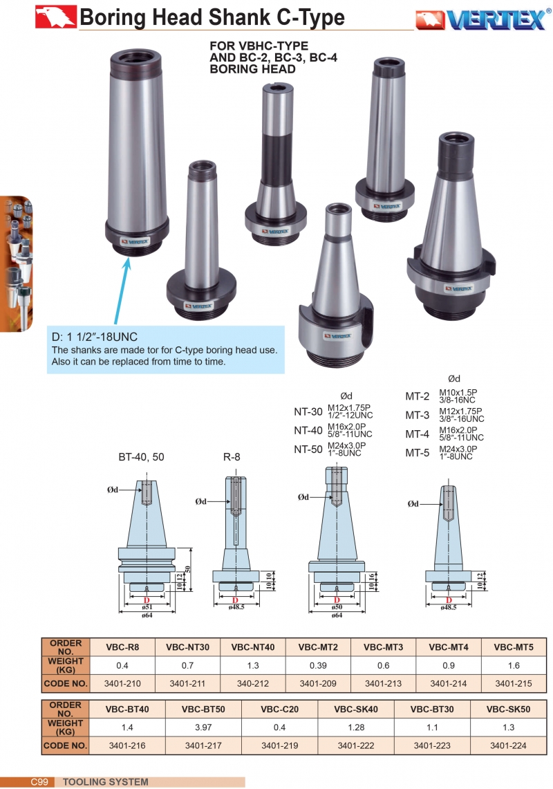 Chuôi cho đầu dao doa VBC-2, VCB-3, VBC-4 và bộ doa VBHC Vertex