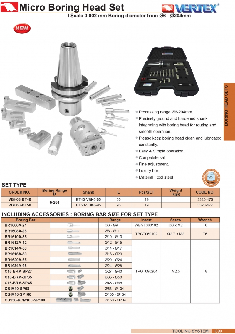Bộ đầu dao doa lỗ chỉnh tinh VBH68-BT40; VBH68-BT50