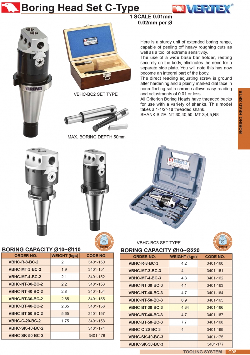 Bộ đầu dao doa VBHC Ø10-110mm chuôi BT, MT, NT, SK, R8 Vertex