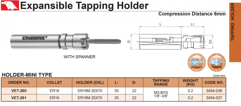 Bầu kẹp taro chuôi trụ Ø20, Ø25mm collet ER16 Vertex