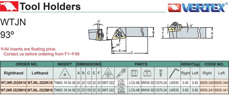 Cán dao tiện ngoài CNC WTJN Vertex