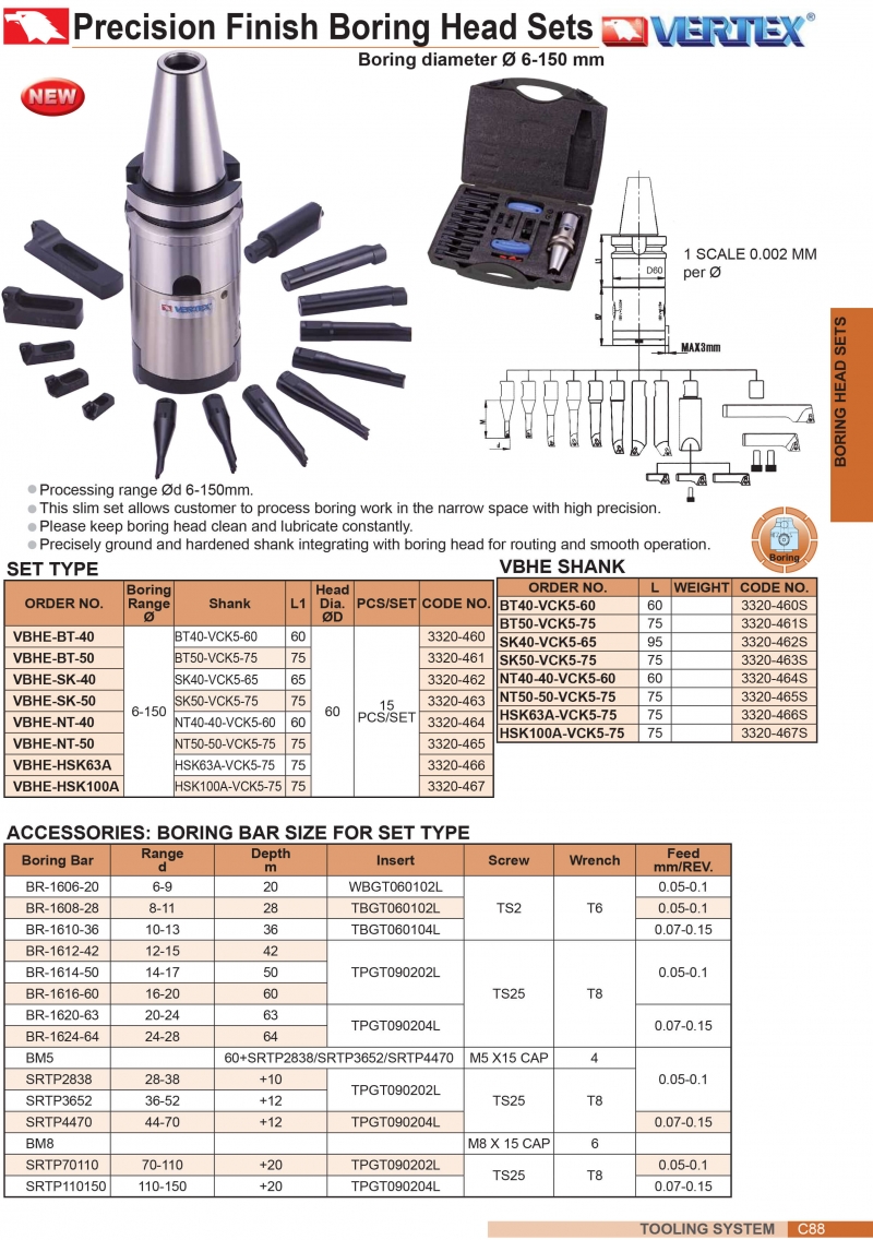 Bộ đầu dao doa tinh VBHE chuôi BT, SK, NT, HSK (Ø6-150mm)