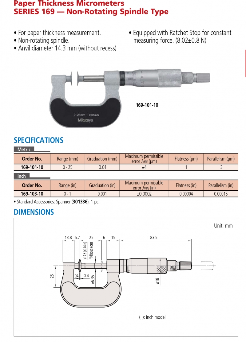 169-103-10 Panme cơ khí đo độ dày giấy 0-1”mm x0.001”