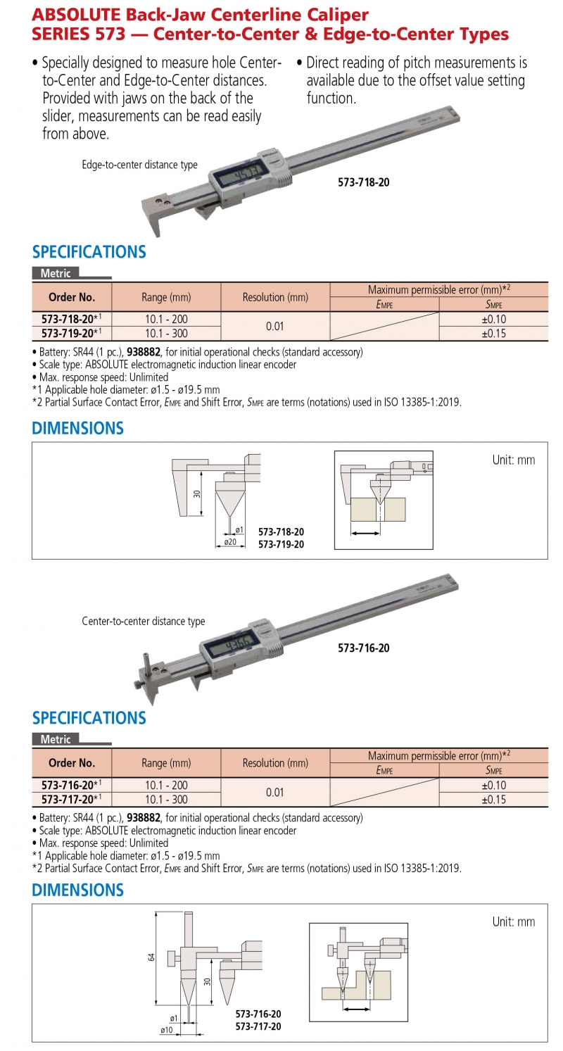 573-716-20 Thước cặp điện tử đo khoảng tâm lỗ 10.1-200mm x0.01