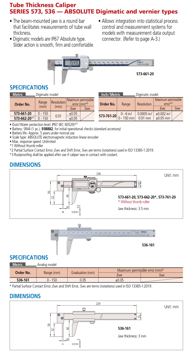 536-161 Thước cặp cơ khí đo thành ống 0-150mm x0.01mm