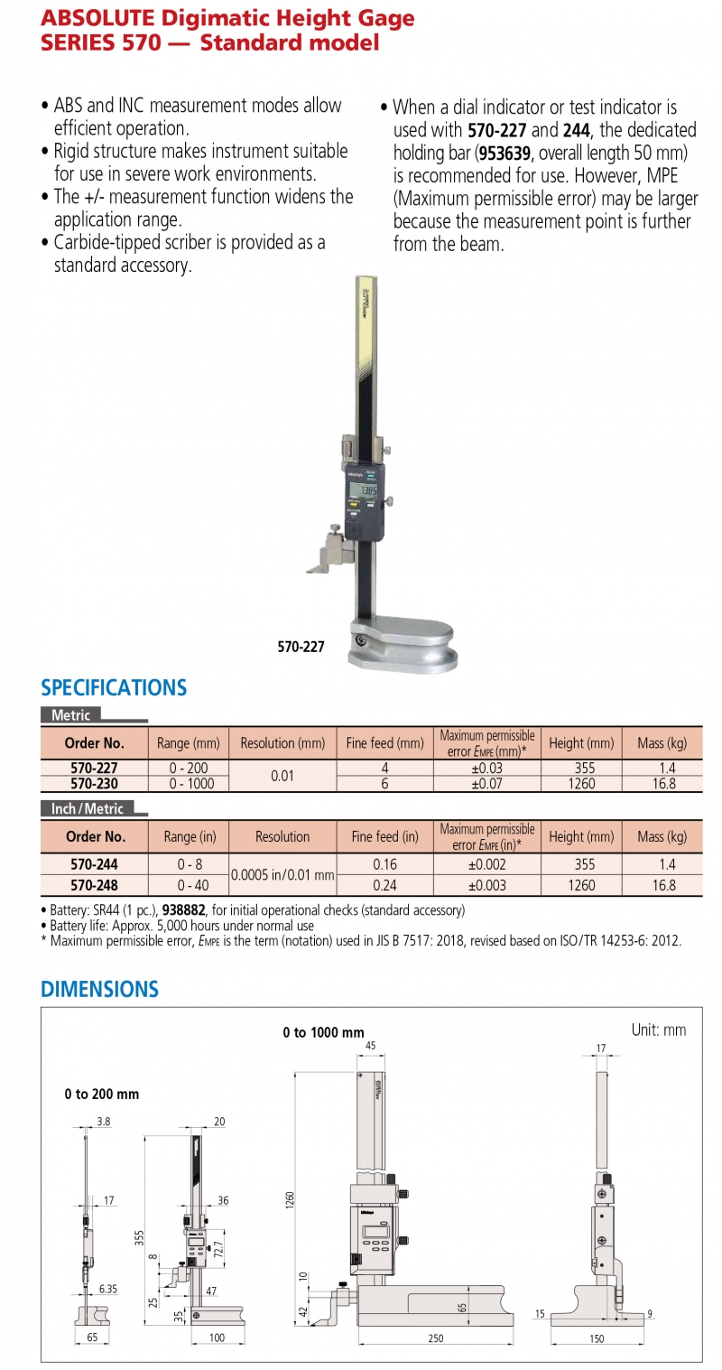 570-230 Thước đo cao điện tử 0-1000mm x0.01mm Mitutoyo