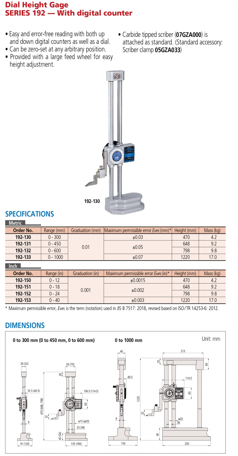 Thước đo cao đồng hồ Mitutoyo series 192 hệ Inch