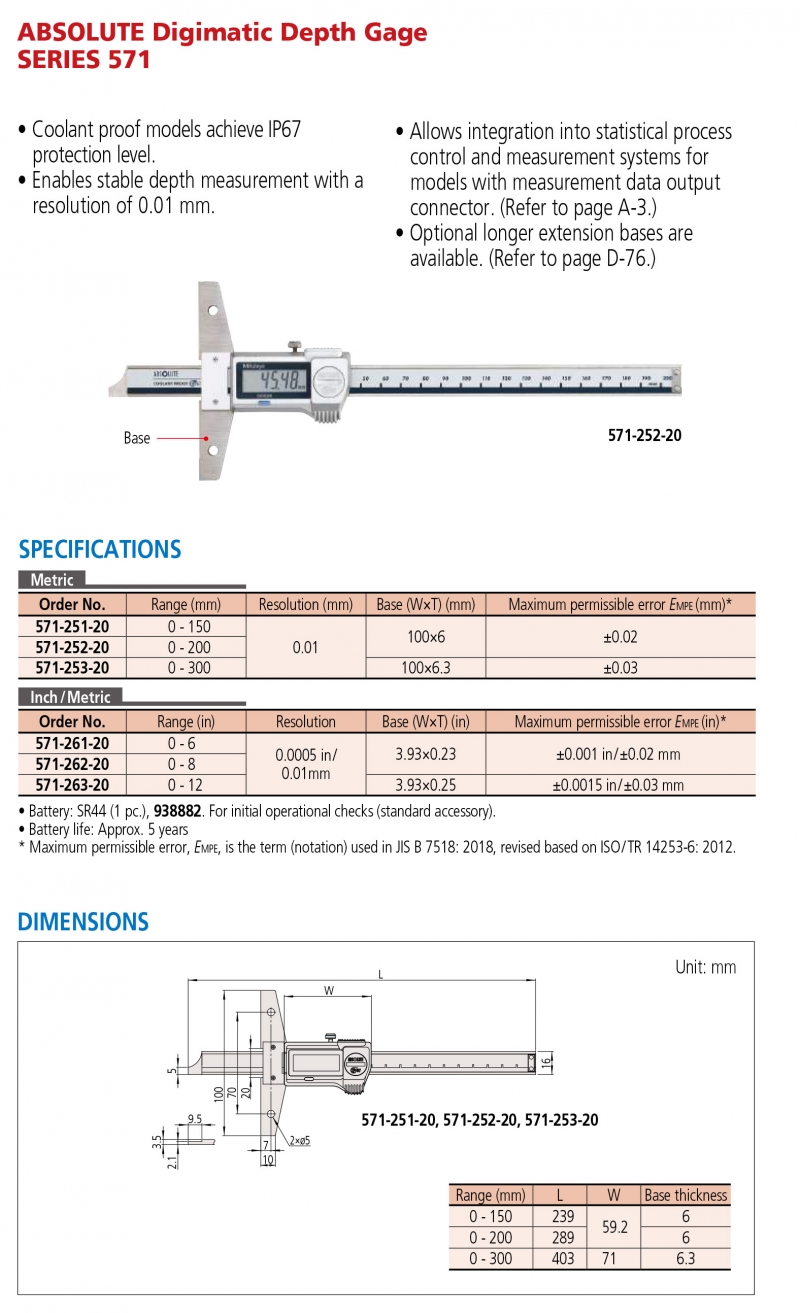 571-253-20 Thước đo sâu điện tử 0-300mm x0.01mm