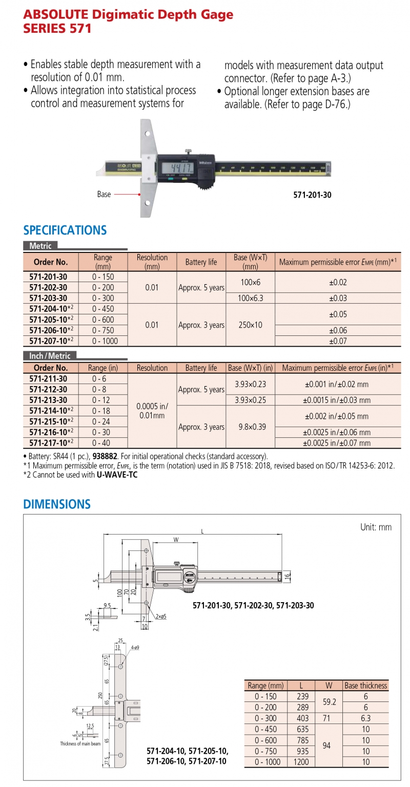 571-205-10 Thước đo sâu điện tử 0-600mm x0.01mm