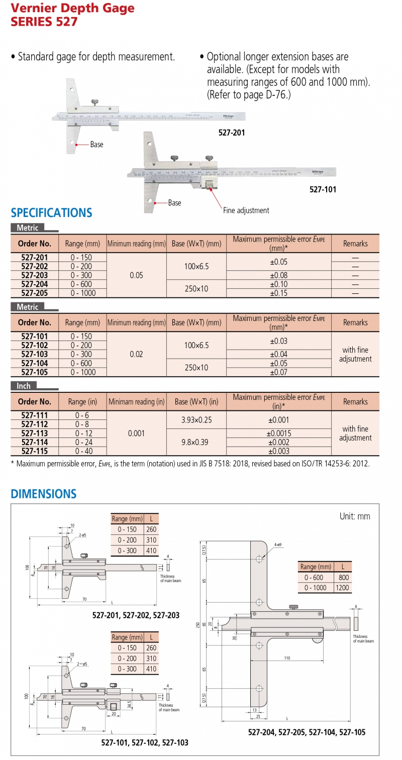 Thước đo sâu cơ khí Mitutoyo series 527 hệ Inch