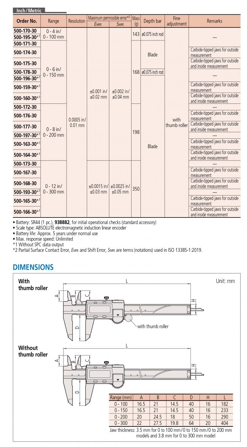 500-177-30 Thước cặp điện tử 0-200/8” x0.01mm Mitutoyo