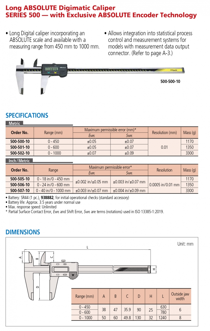 500-507-10 Thước cặp điện tử 0-1000mm/40” x0.01mm, loại dài