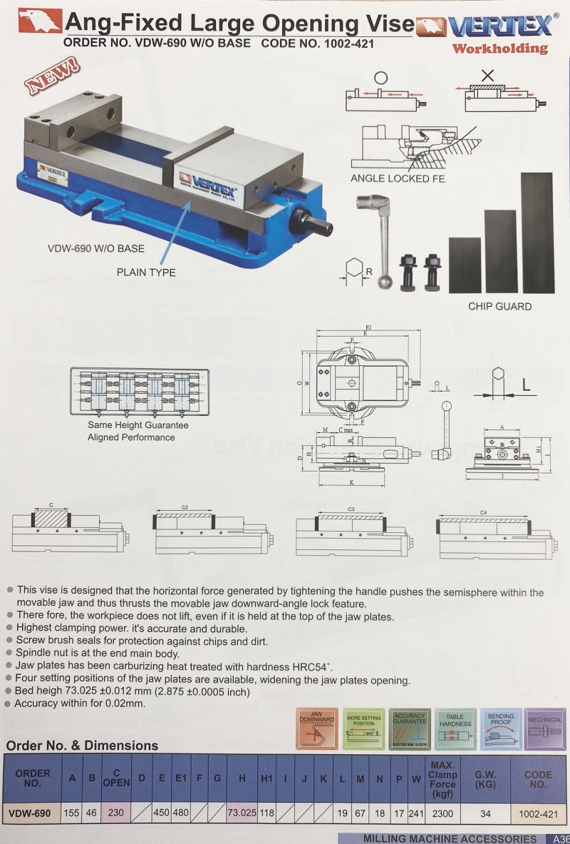 Ê tô góc cố định độ mở lớn VDW-690 Vertex