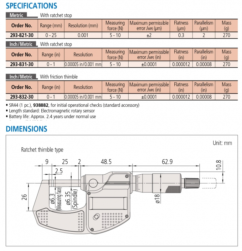 293-831-30 Panme đo ngoài điện tử 0-25mm (0-1”) x0.001