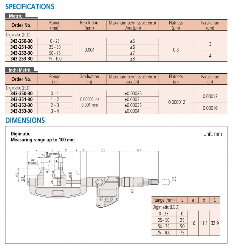 343-250-30 Panme điện tử mỏ cặp 0-25 mm x0.001mm