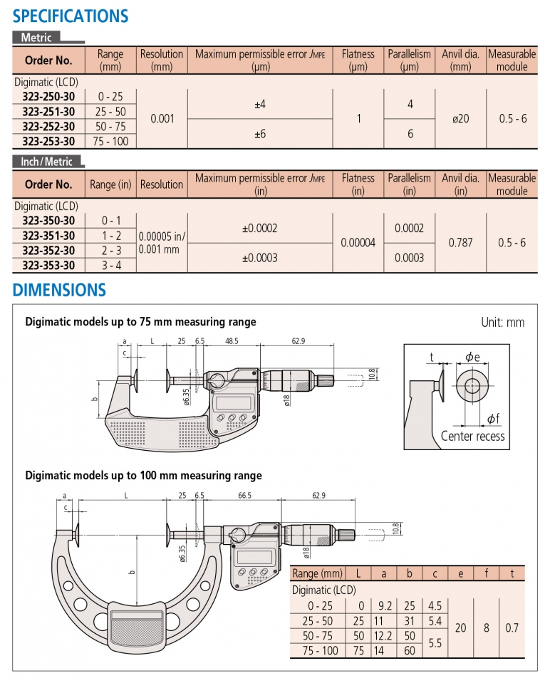 323-253-30 Panme điện tử đo bước bánh răng 75-100mm x0.001