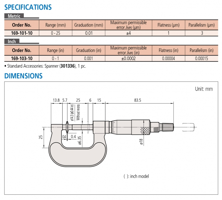 169-101-10 Panme cơ khí đo độ dày giấy 0-25mm x0.01mm