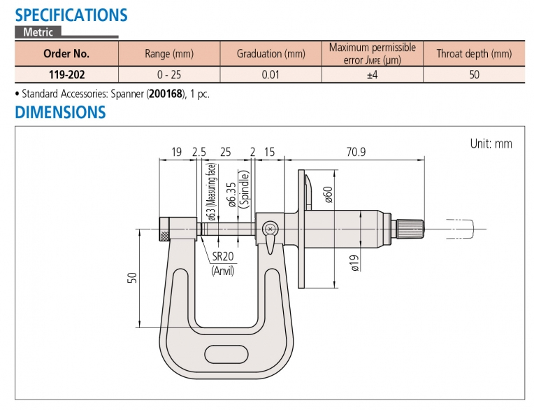119-202 Panme đồng hồ đo chiều dài tấm 0-25 mm x0.01mm