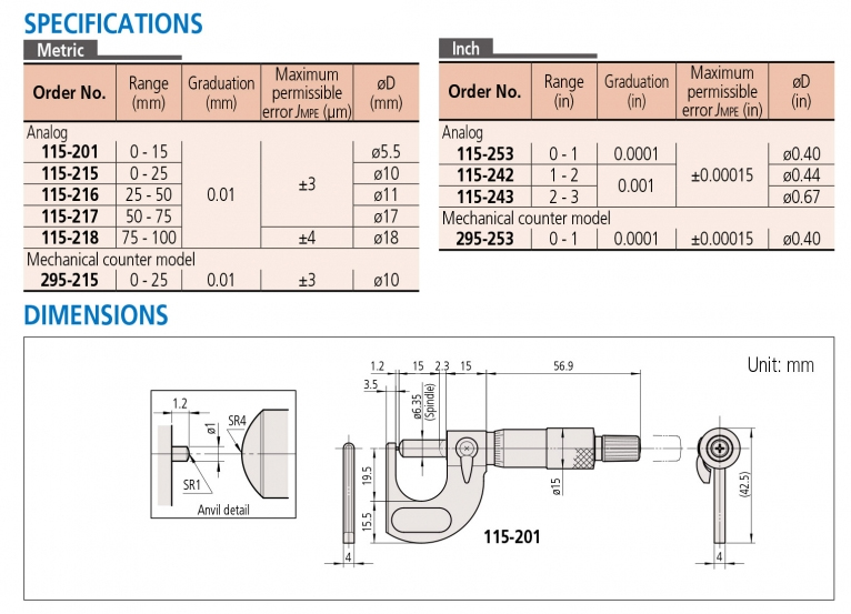 115-201 Panme cơ khí đo ống 0-15mm, đầu đo hình cầu