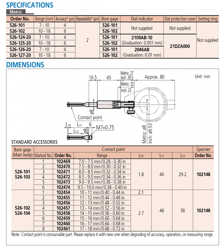 526-101 Bộ thân thước đo lỗ nhỏ 7-10mm Mitutoyo