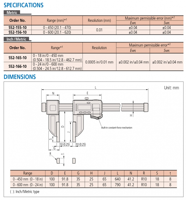 552-166-10 Thước cặp điện tử 0-600mm/24” x0.01, mỏ cặp ceramic