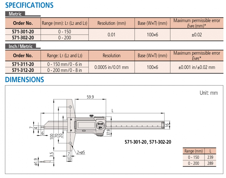 571-311-20 Thước đo sâu điện tử 0-6” (150mm) x0.01mm