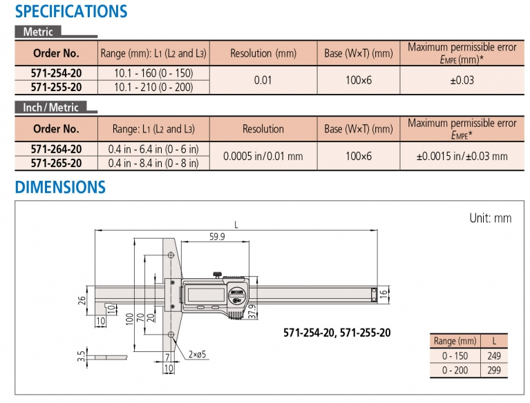 571-254-20 Thước đo sâu điện tử 10.1-160mm (0-150) x0.01