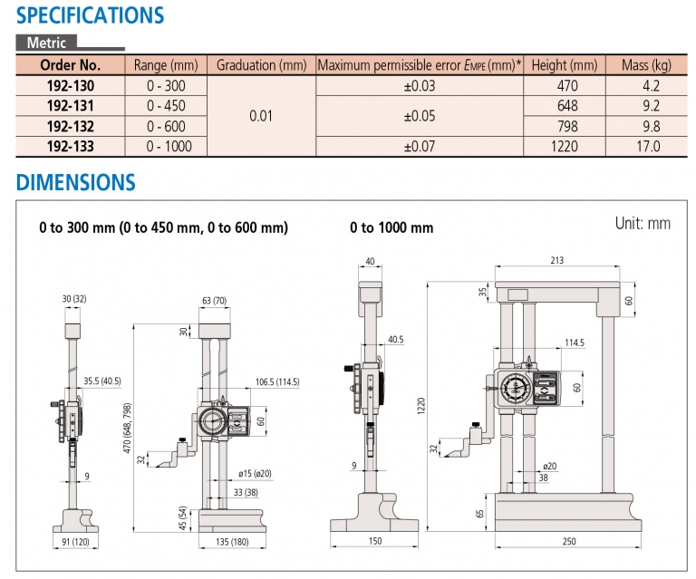 192-130 Thước đo cao đồng hồ 0-300mm x0.01mm Mitutoyo