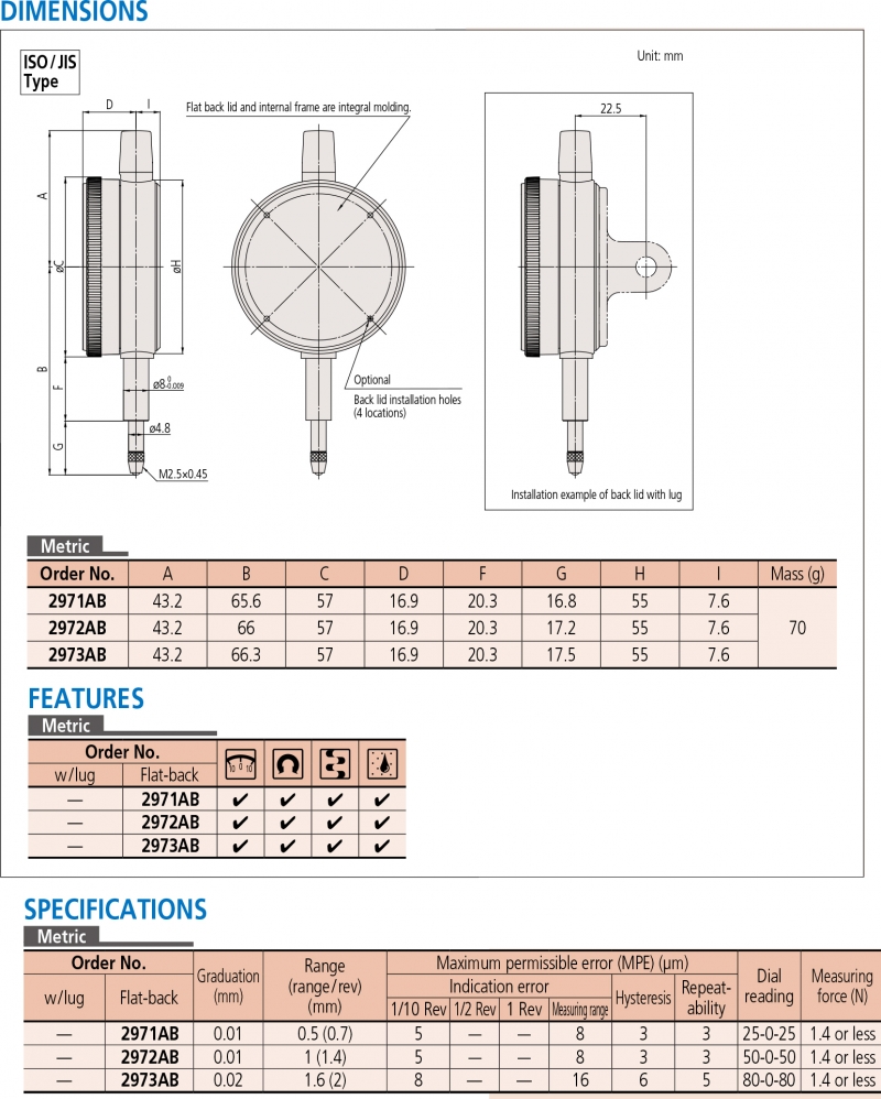 2972AB Đồng hồ so cơ khí 1mm x0.01mm, loại nhẹ Mitutoyo