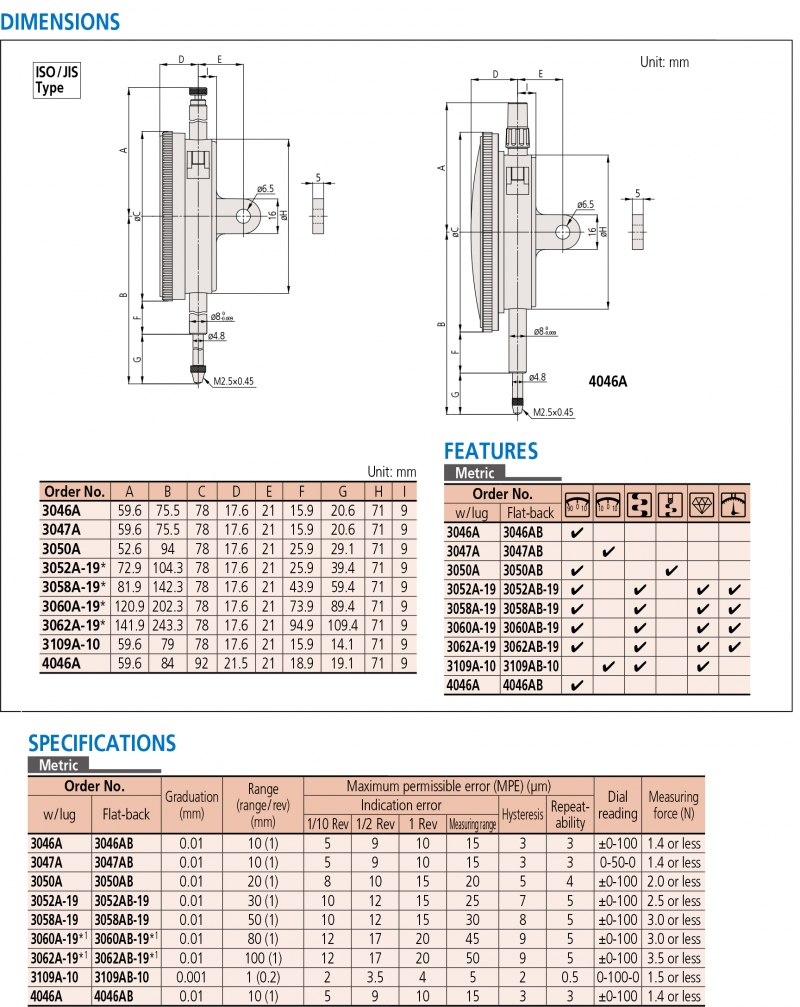 3046A Đồng hồ so cơ khí 10mm x0.01mm, loại lớn Mitutoyo