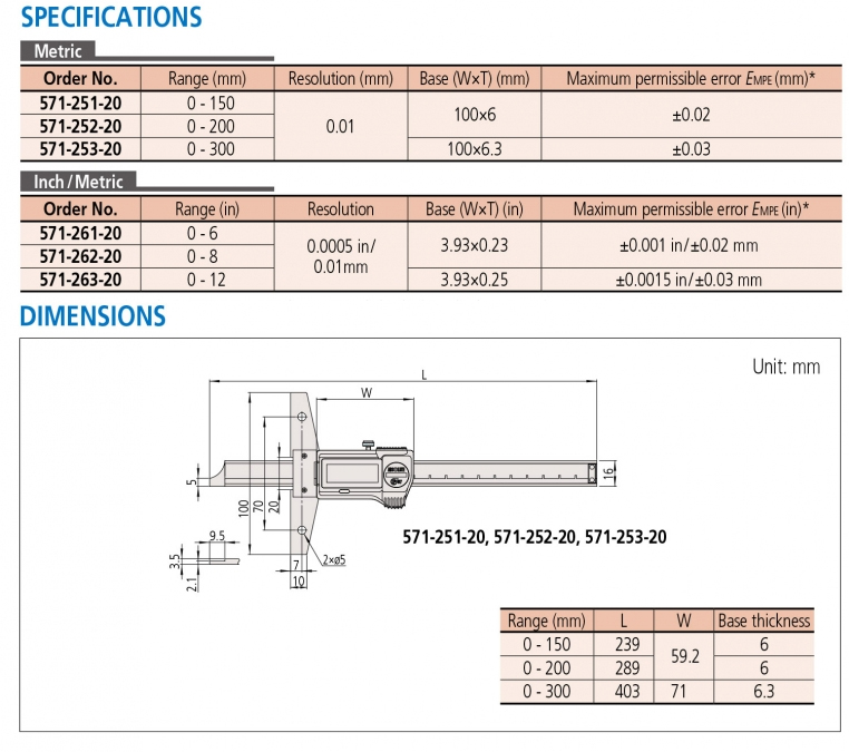 571-262-20 Thước đo sâu điện tử 0-8” (200mm) x0.01mm