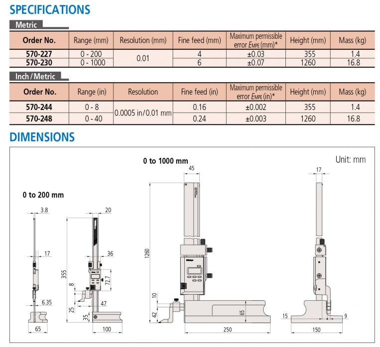 570-230 Thước đo cao điện tử 0-1000mm x0.01mm Mitutoyo