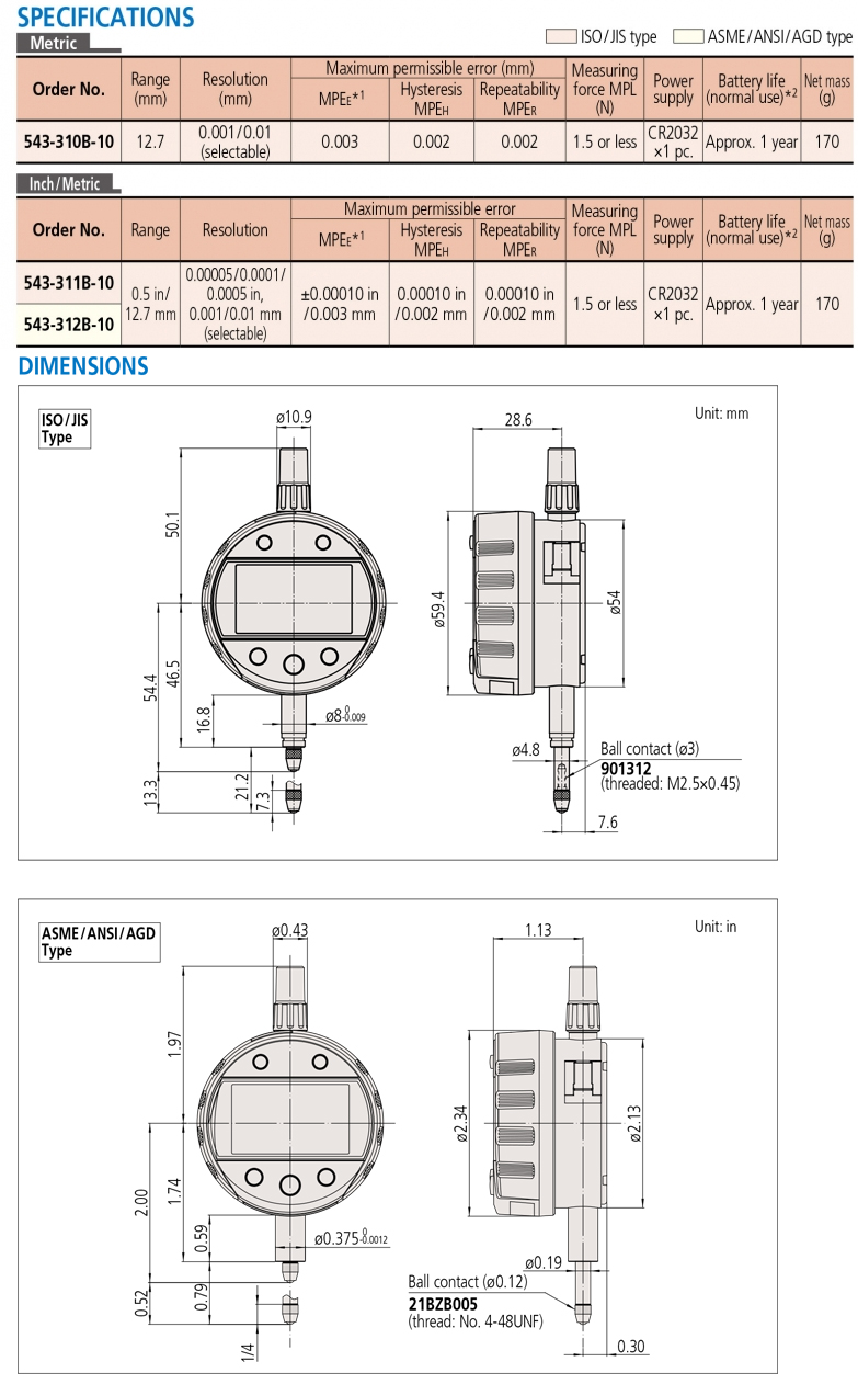 543-311B-10 Đồng hồ so điện tử 0.5” (12.7mm) Mitutoyo